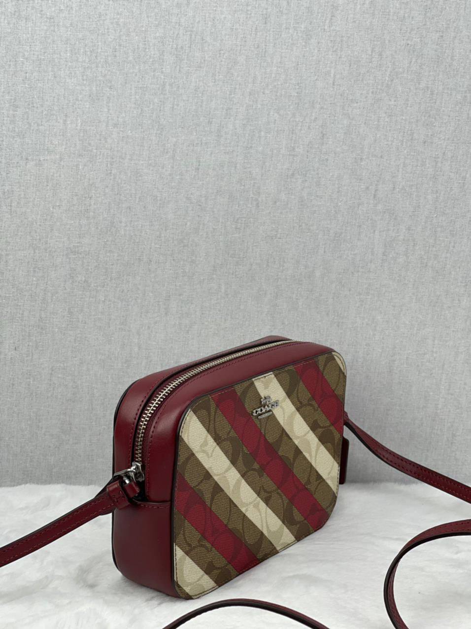 mini camera bag in signature canvas with diagonal stripe print