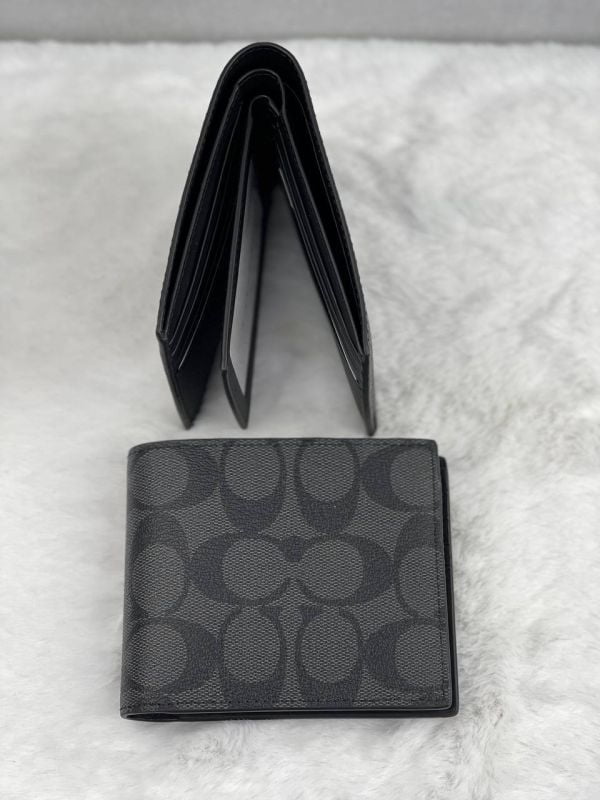 COACH COMPACT ID WALLET IN SIGNATURE PVC IN CHARCOAL BLACK
