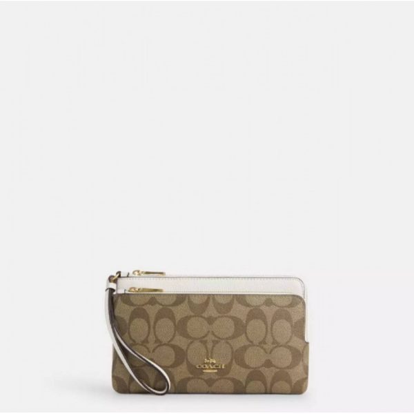 COACH DOUBLE ZIP WALLET IN SIGNATURE KHAKI/CHALK
